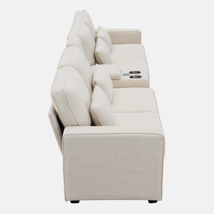 Latitude Run® Upholstered Sofa with Console, 2 Cupholders and 2 USB